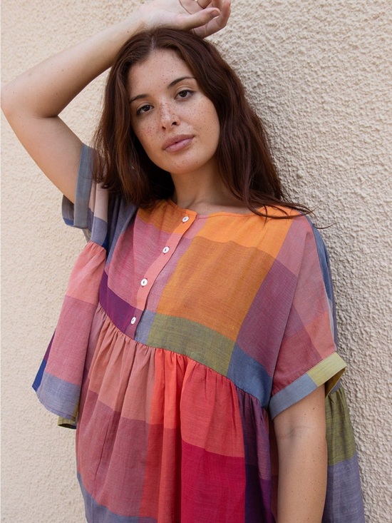Rujuta Sheth Tops - Rujuta Sheth Marni Plaid Swing Top - Multi-Color Short-Sleeve Women’s Top